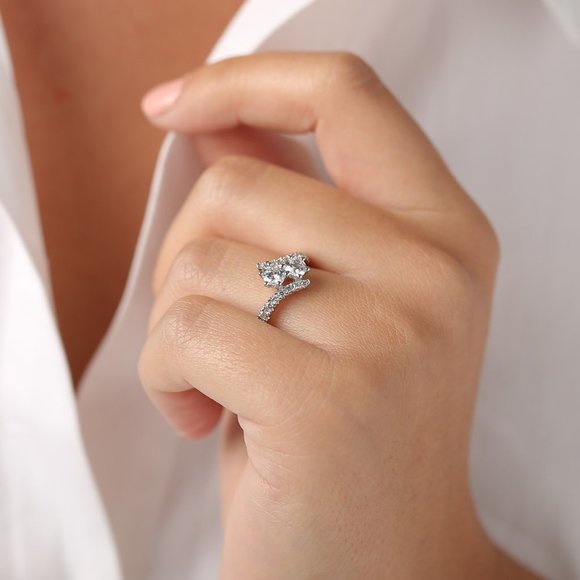 Diamond Bypass Engagement Ring14K Solid GoldTwo Stone Bypass Ring